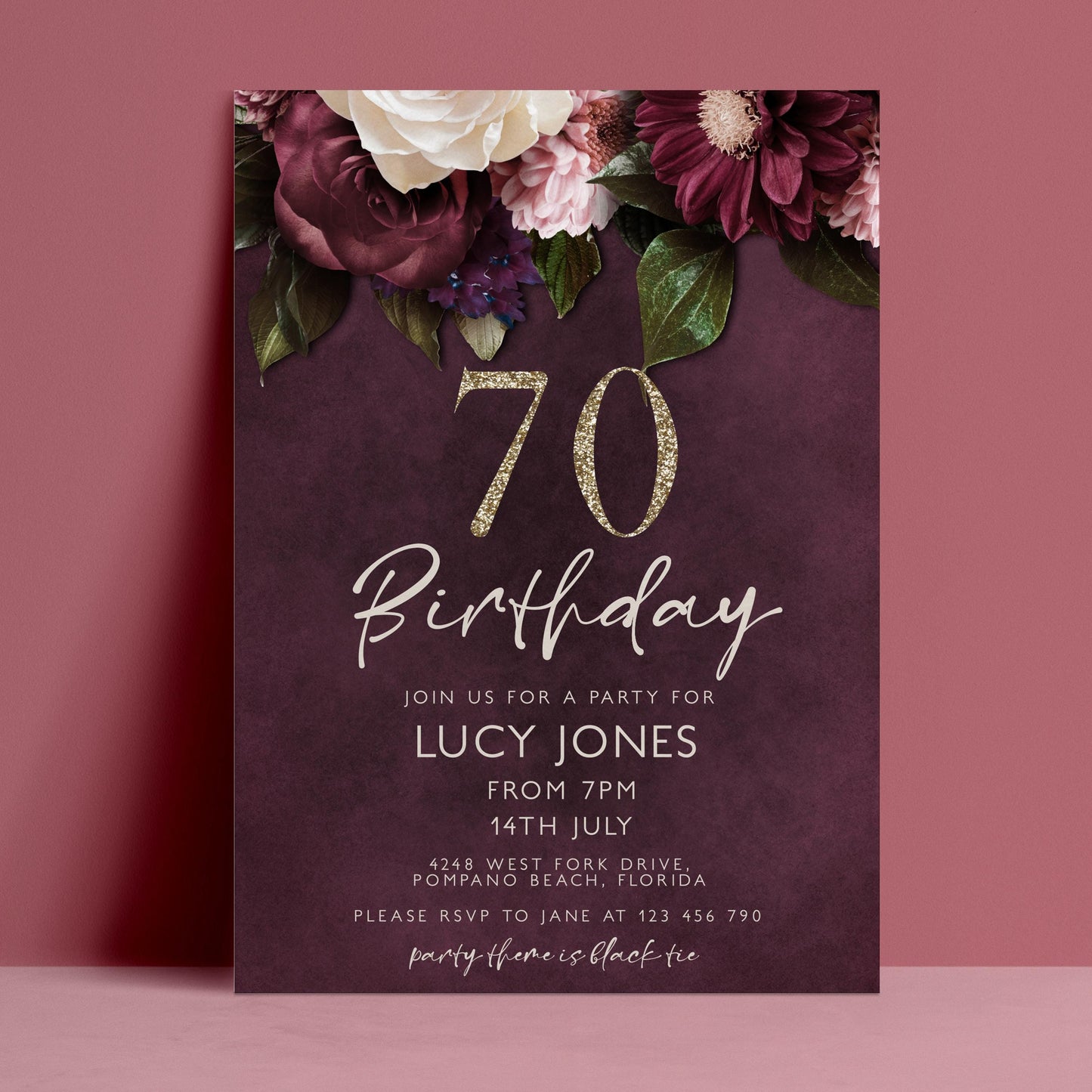 The image is a birthday invitation for Lucy Jones celebrating her 70th birthday.