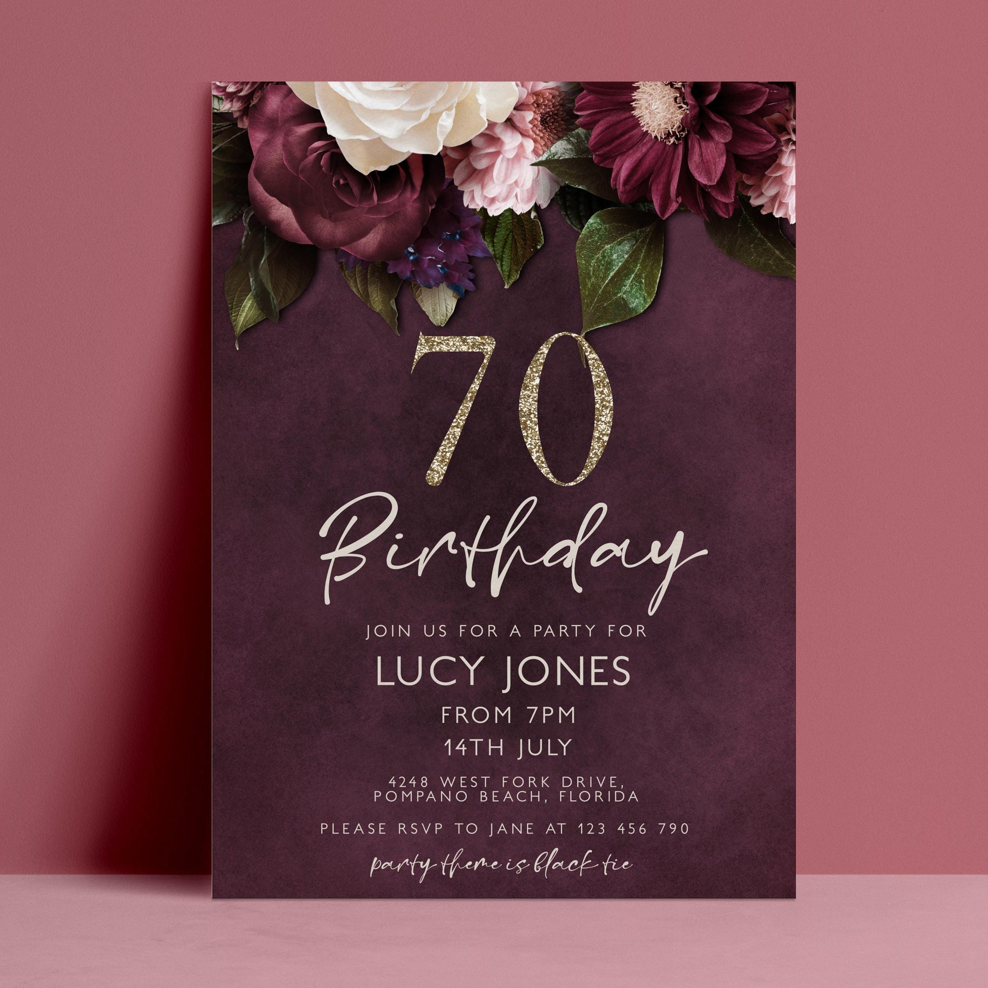 The image is a birthday invitation for Lucy Jones celebrating her 70th birthday.