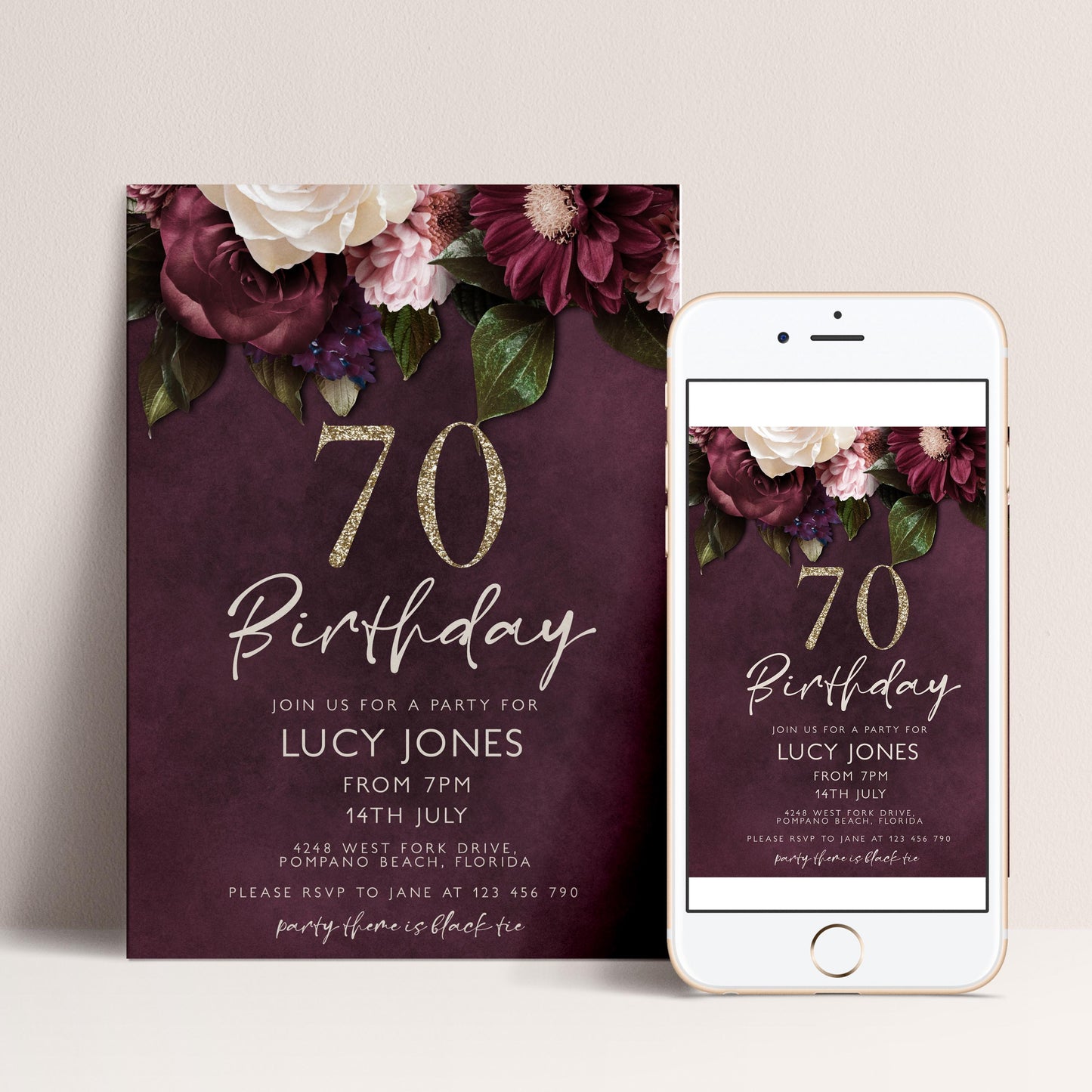 a birthday party invitation for Lucy Jones, featuring a maroon and white floral design with the number 70. The invitation is for a party on July 14th at 7PM at Pompano Beach, Florida.