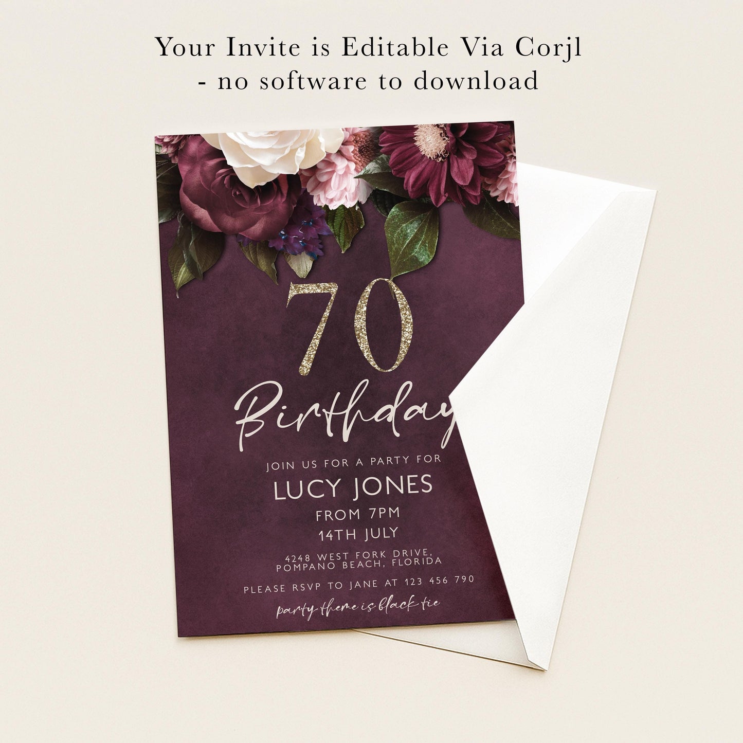 The image is a birthday invitation for Lucy Jones celebrating her 70th birthday. The invitation is for a party for her from July 14th, 2014, at 12 PM at West 34th Street, Palm Beach, Florida. Guests are requested to RSVP to January 12th.