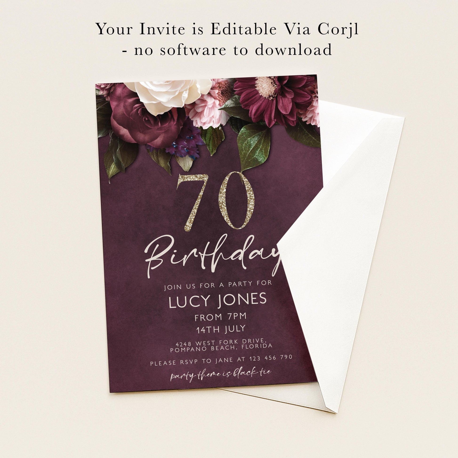 The image is a birthday invitation for Lucy Jones celebrating her 70th birthday. The invitation is for a party for her from July 14th, 2014, at 12 PM at West 34th Street, Palm Beach, Florida. Guests are requested to RSVP to January 12th.
