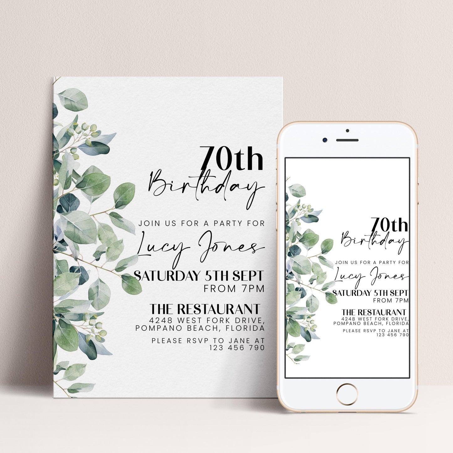 a birthday invitation for Lucy Jones, with a white background and a green leaf design. The invitation invites guests to a party for Lucy Jones on Saturday, 5th September from 7 PM at The Restaurant, located at Pompano Beach, Florida. The invitation also provides a phone number for guests to RSVP.