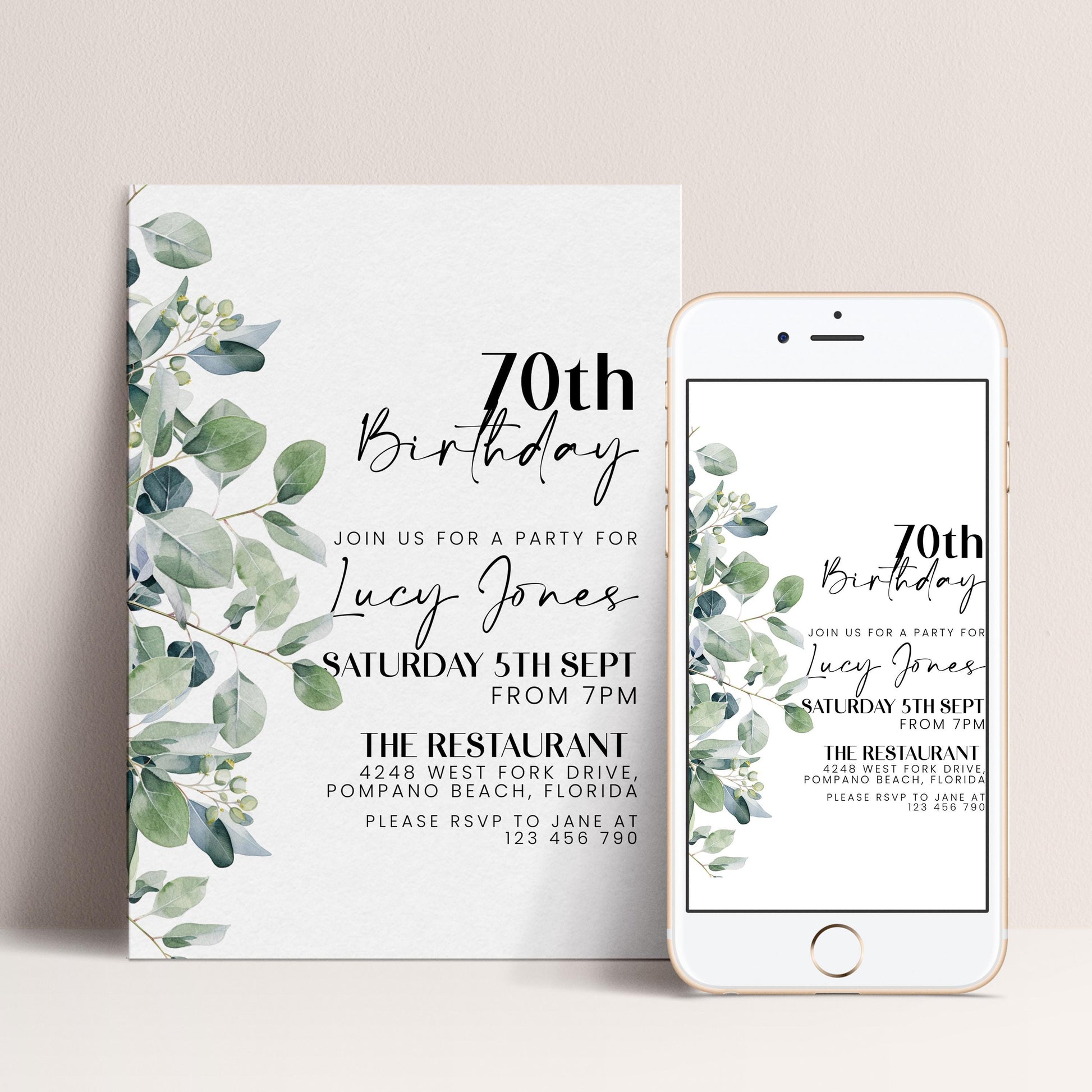 a birthday invitation for Lucy Jones, with a white background and a green leaf design. The invitation invites guests to a party for Lucy Jones on Saturday, 5th September from 7 PM at The Restaurant, located at Pompano Beach, Florida. The invitation also provides a phone number for guests to RSVP.