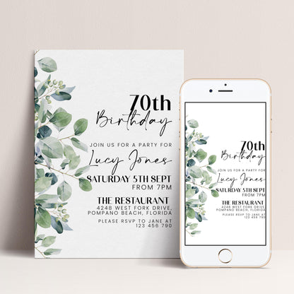 a birthday invitation for Lucy Jones, with a white background and a green leaf design. The invitation invites guests to a party for Lucy Jones on Saturday, 5th September from 7 PM at The Restaurant, located at Pompano Beach, Florida. The invitation also provides a phone number for guests to RSVP.