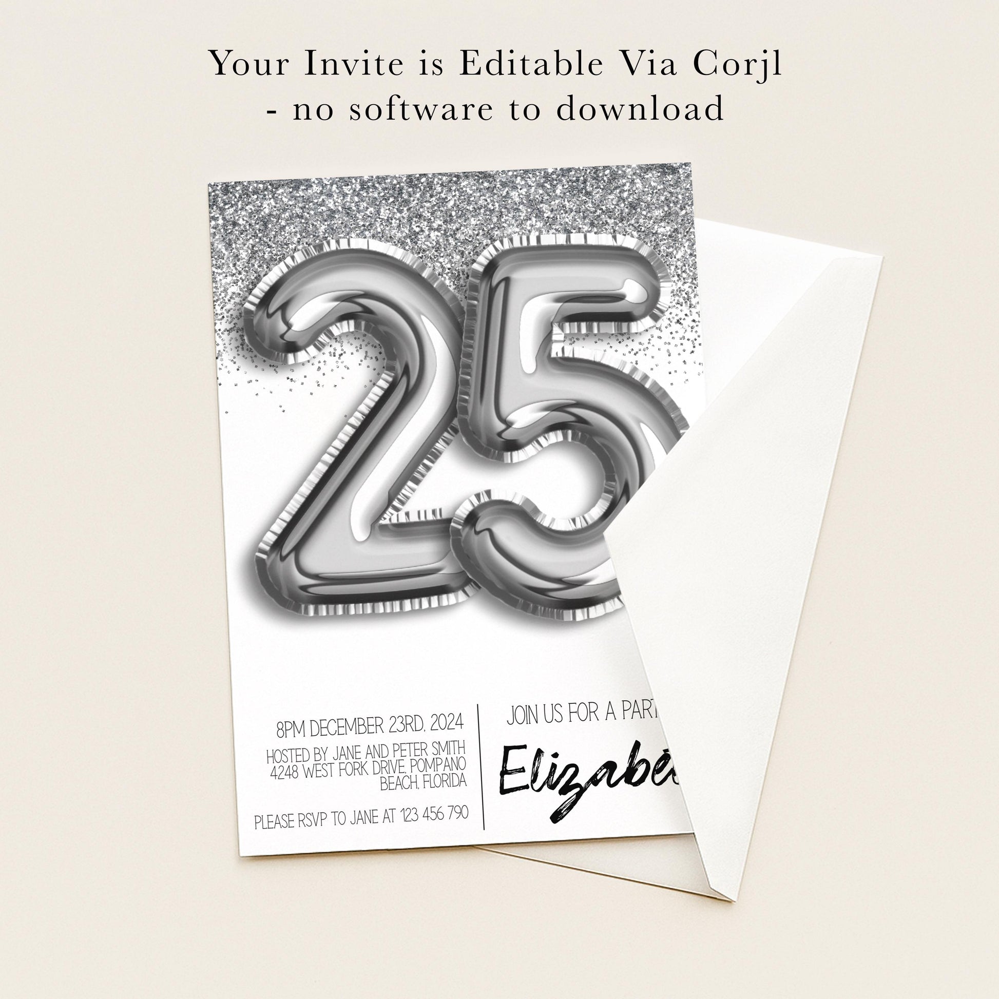 The image is a birthday party invitation for a 25th birthday celebration.