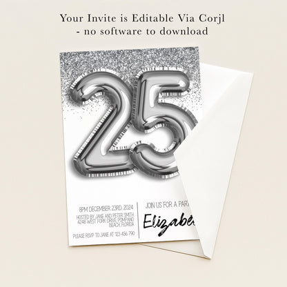 The image is a birthday party invitation for a 25th birthday celebration.