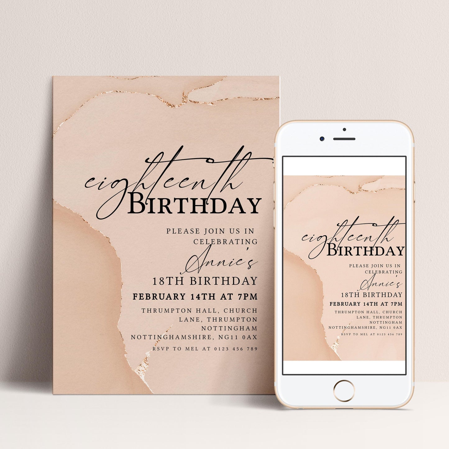 The image is a birthday invitation for a teenager, featuring a pink and beige color scheme. The invitation is for a dance party on February 14th at 7 PM at Thumpington Hall, Church Lane, Nottingham, Manchester, and it includes a mobile phone image for RSVP.