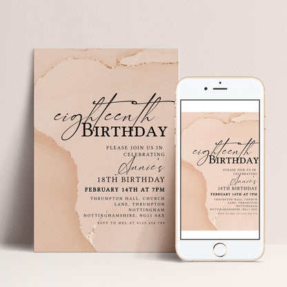 The image is a birthday invitation for a teenager, featuring a pink and beige color scheme. The invitation is for a dance party on February 14th at 7 PM at Thumpington Hall, Church Lane, Nottingham, Manchester, and it includes a mobile phone image for RSVP.