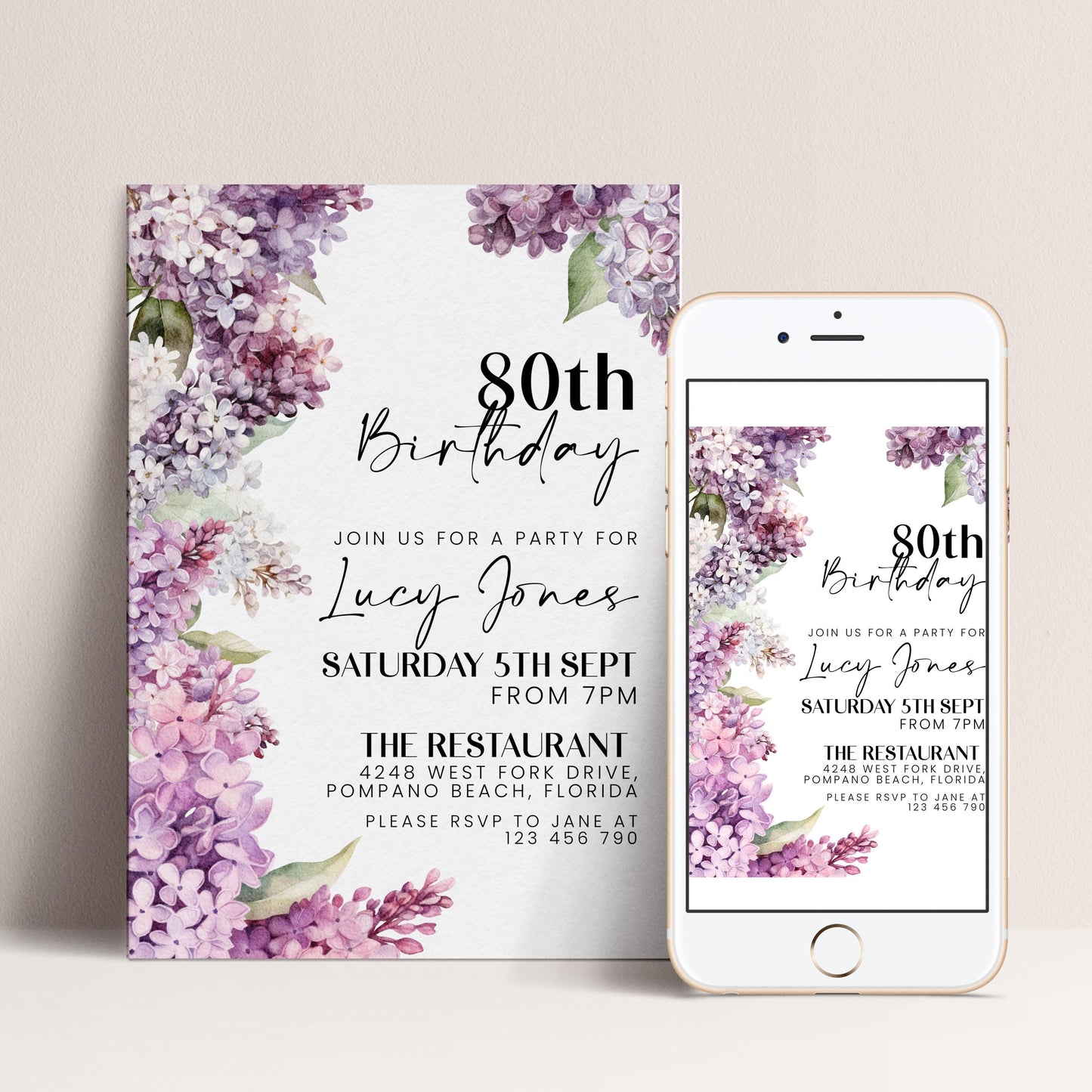 The image is a birthday party invitation for Lucy Jones celebrating her 80th birthday. It features a floral design with purple and white flowers, and includes details about the party, including the date, time, location, and RSVP instructions.