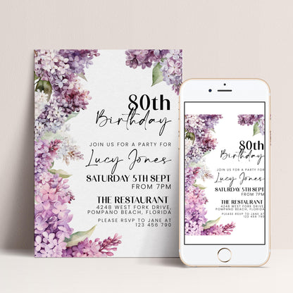 The image is a birthday party invitation for Lucy Jones celebrating her 80th birthday. It features a floral design with purple and white flowers, and includes details about the party, including the date, time, location, and RSVP instructions.