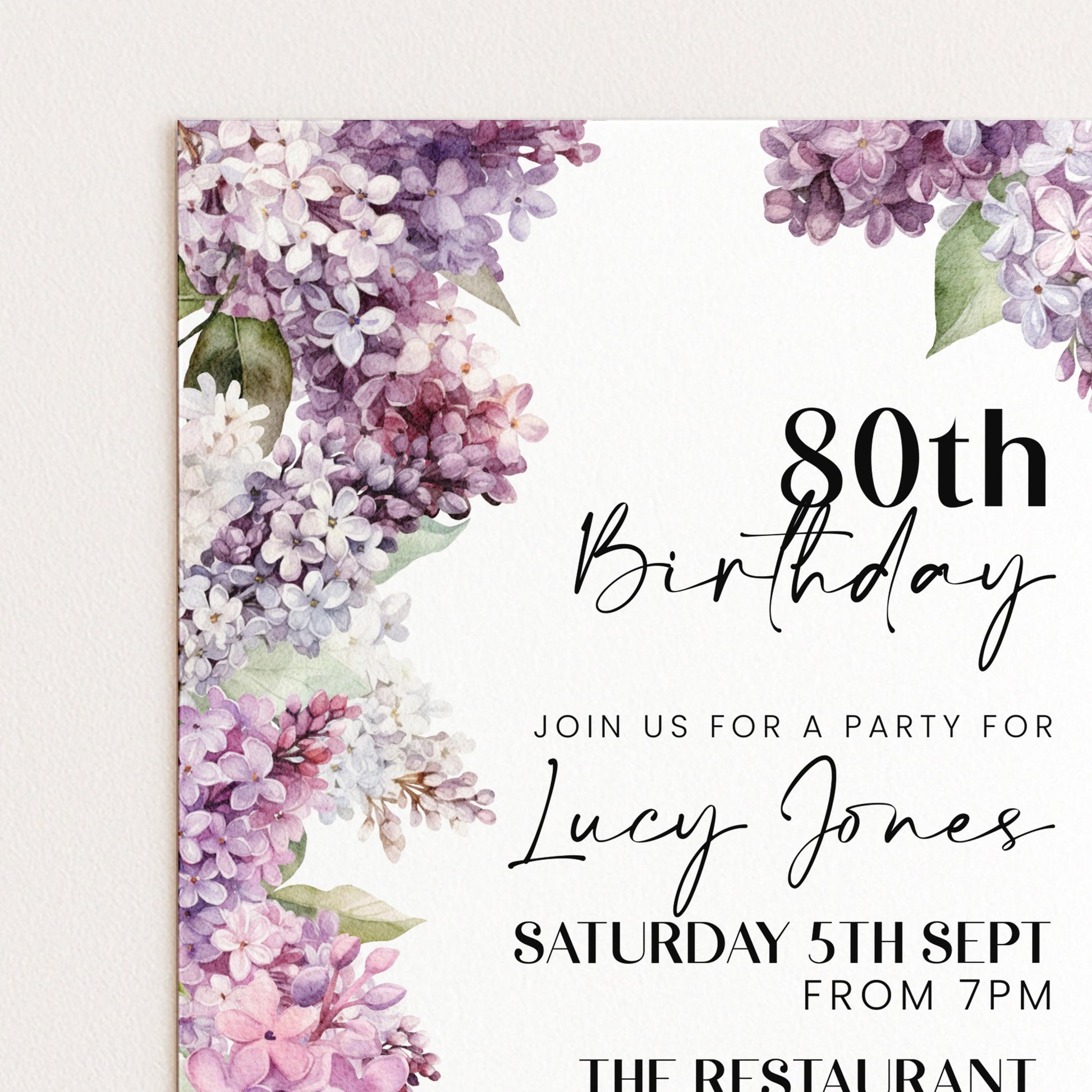 The image is a birthday invitation for a party for Lucy Jones, with a floral design and text inviting guests to join for a party on Saturday, 5th September from 7pm at The Restaurant.