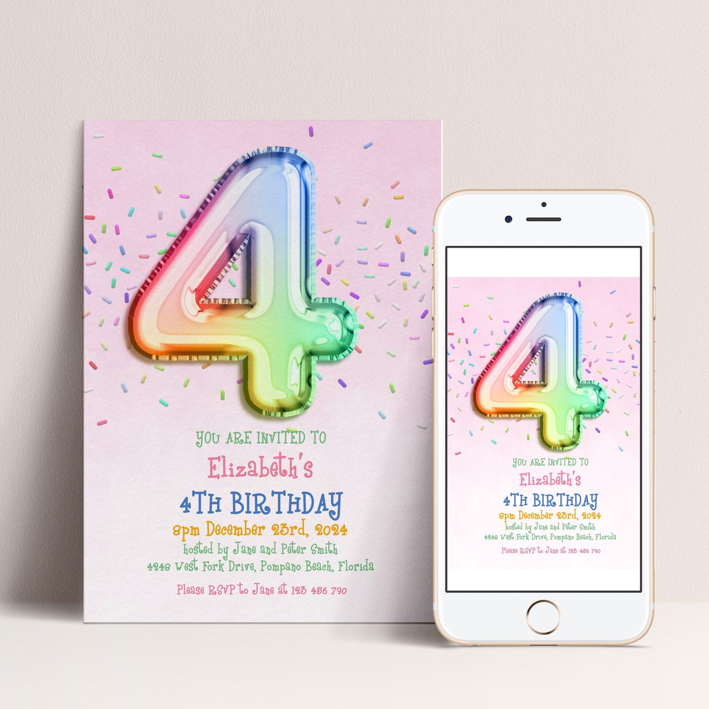 The image is a birthday invitation for a 4th birthday party, featuring a large number 4 and colorful confetti on a pink background.
