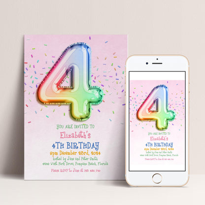 The image is a birthday invitation for a 4th birthday party, featuring a large number 4 and colorful confetti on a pink background.
