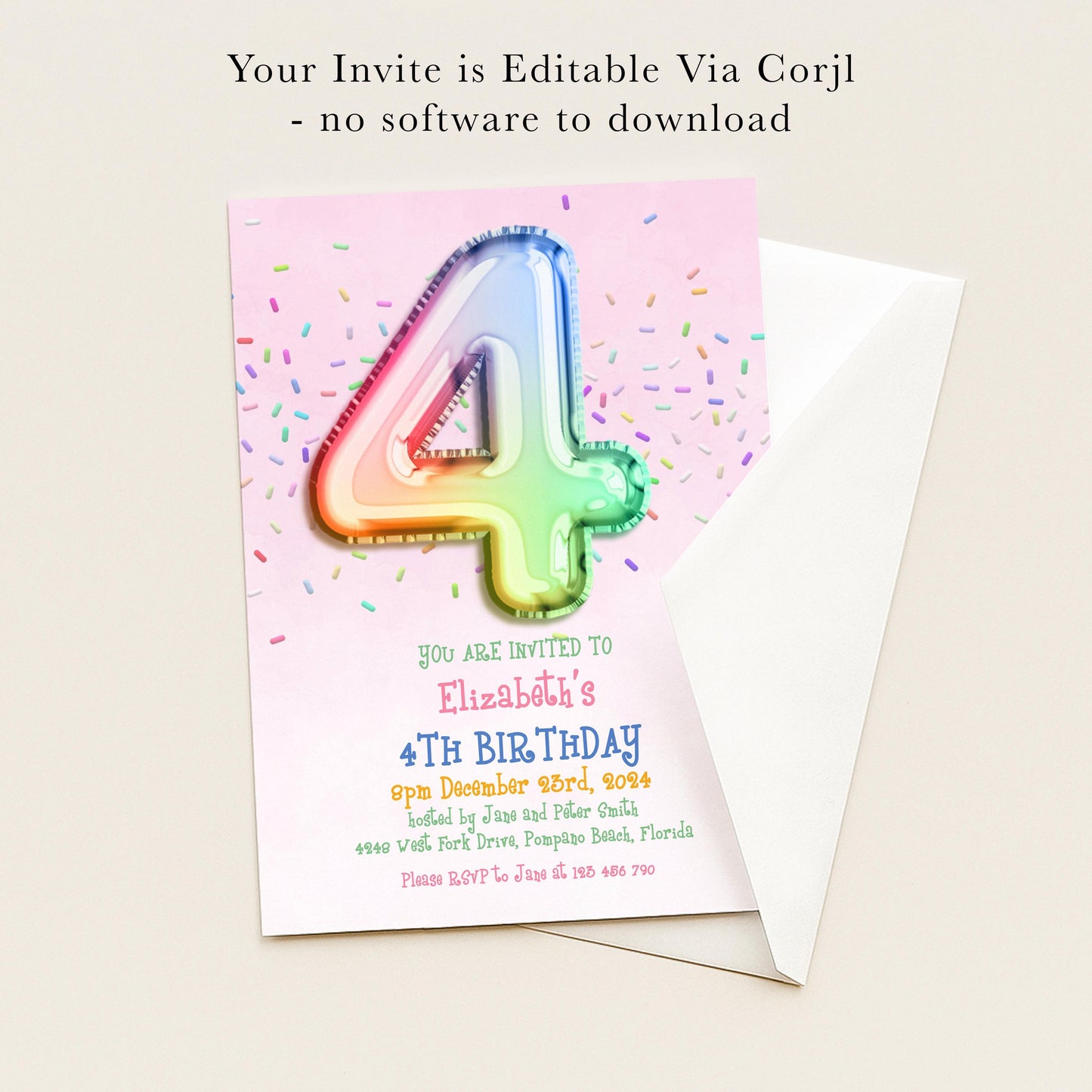 The image is a birthday invitation for a 4th birthday party, featuring a large number 4 and colorful confetti on a pink background.