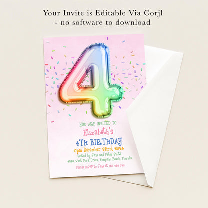 The image is a birthday invitation for a 4th birthday party, featuring a large number 4 and colorful confetti on a pink background.