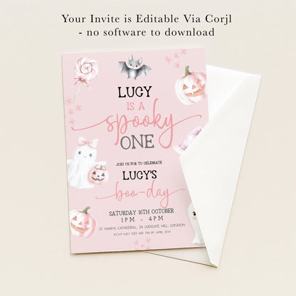 The image is a pink invitation card for a "Spooky Lucy's" themed party.
