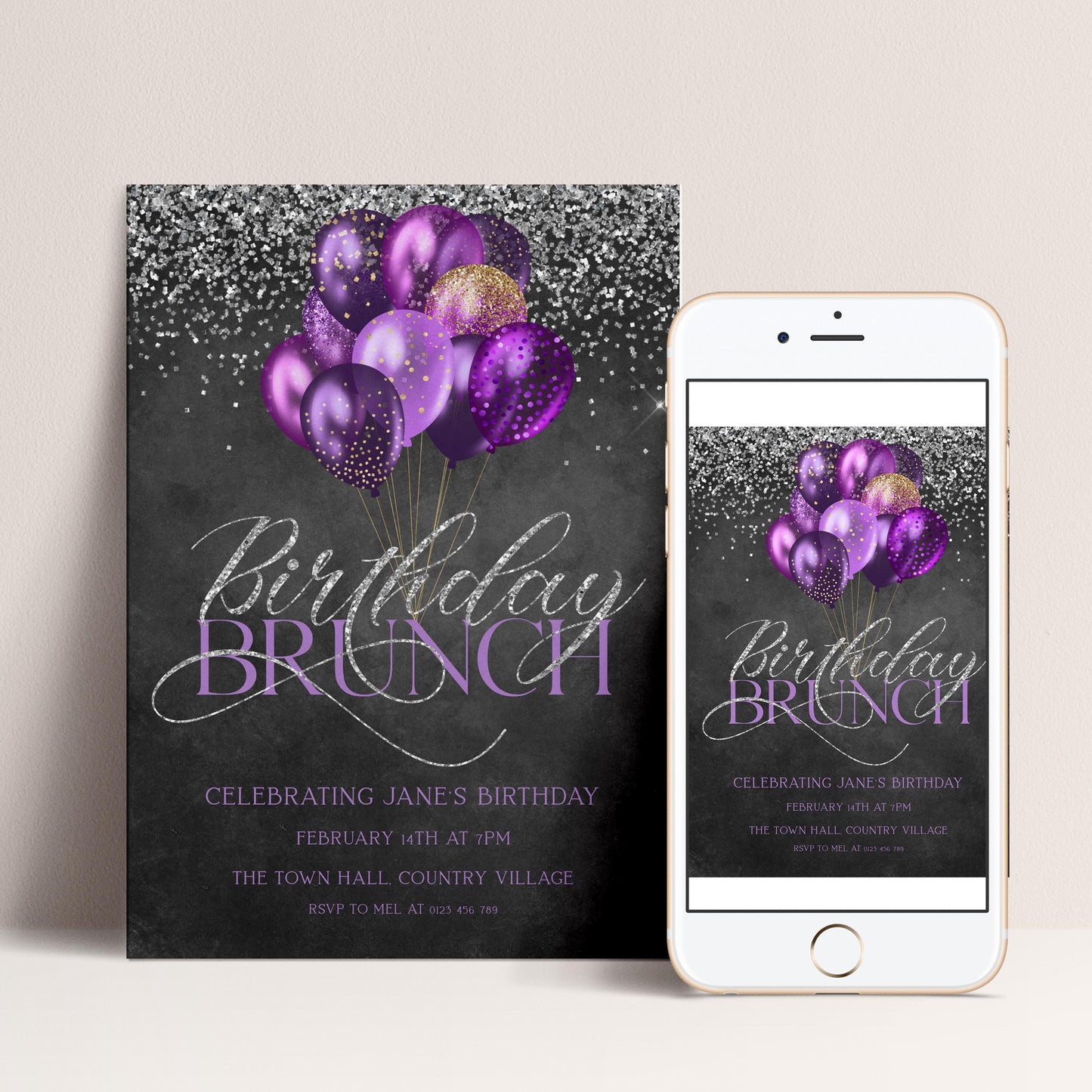 The image is a birthday brunch invitation featuring purple balloons and silver glitter against a dark background.
