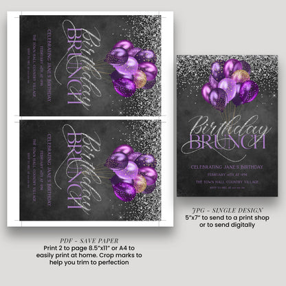 a black and purple birthday party card with flowers