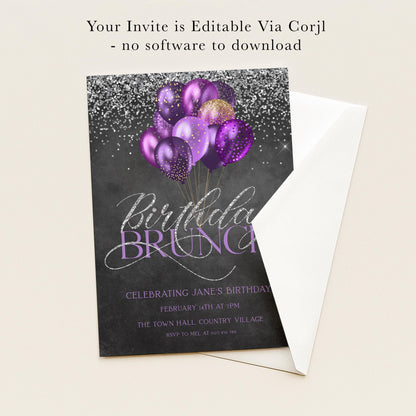 The image is a birthday party invitation featuring purple balloons and sparkles, with the text "Birthday Brunch" and details about the event.