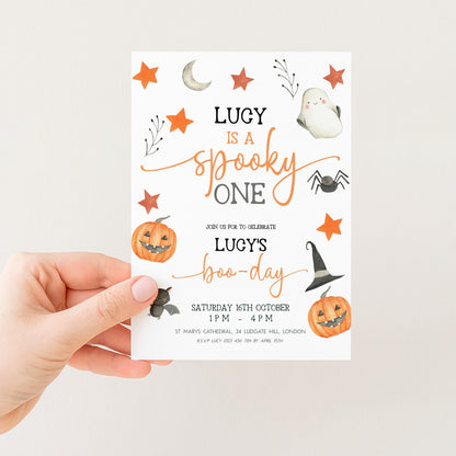 The image is a Halloween-themed invitation card for a birthday party.