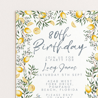 The image is a birthday invitation for a party for Lucy Jones, with a floral border and lemon-themed design.