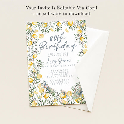 The image is a birthday invitation for Lucy Jones celebrating her 80th birthday.