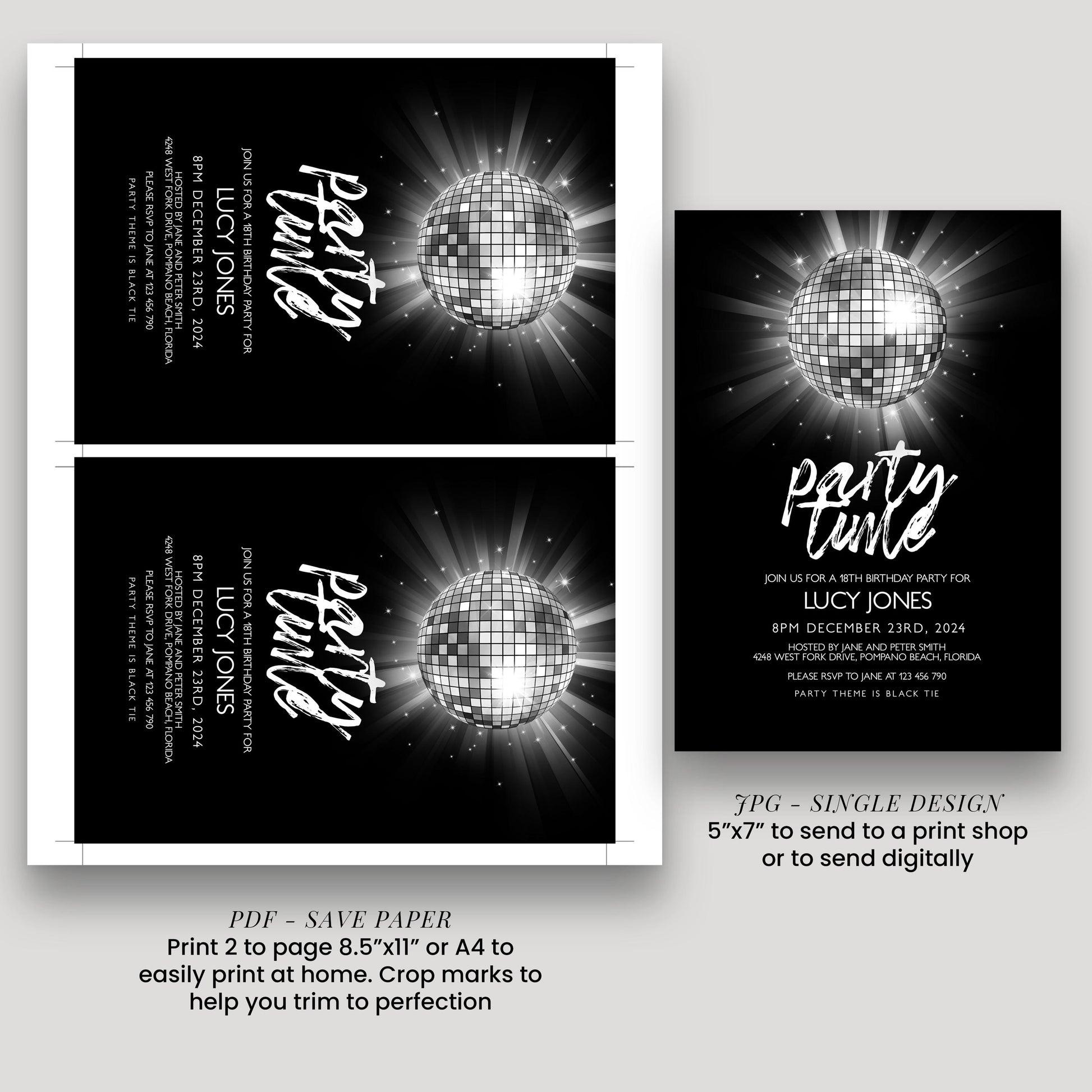 The image is a collage of two party invitation designs featuring a disco ball and a disco ball-themed background.