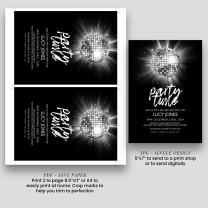 The image is a collage of two party invitation designs featuring a disco ball and a disco ball-themed background.