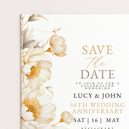 The image is a wedding invitation featuring a floral design with white and yellow flowers.