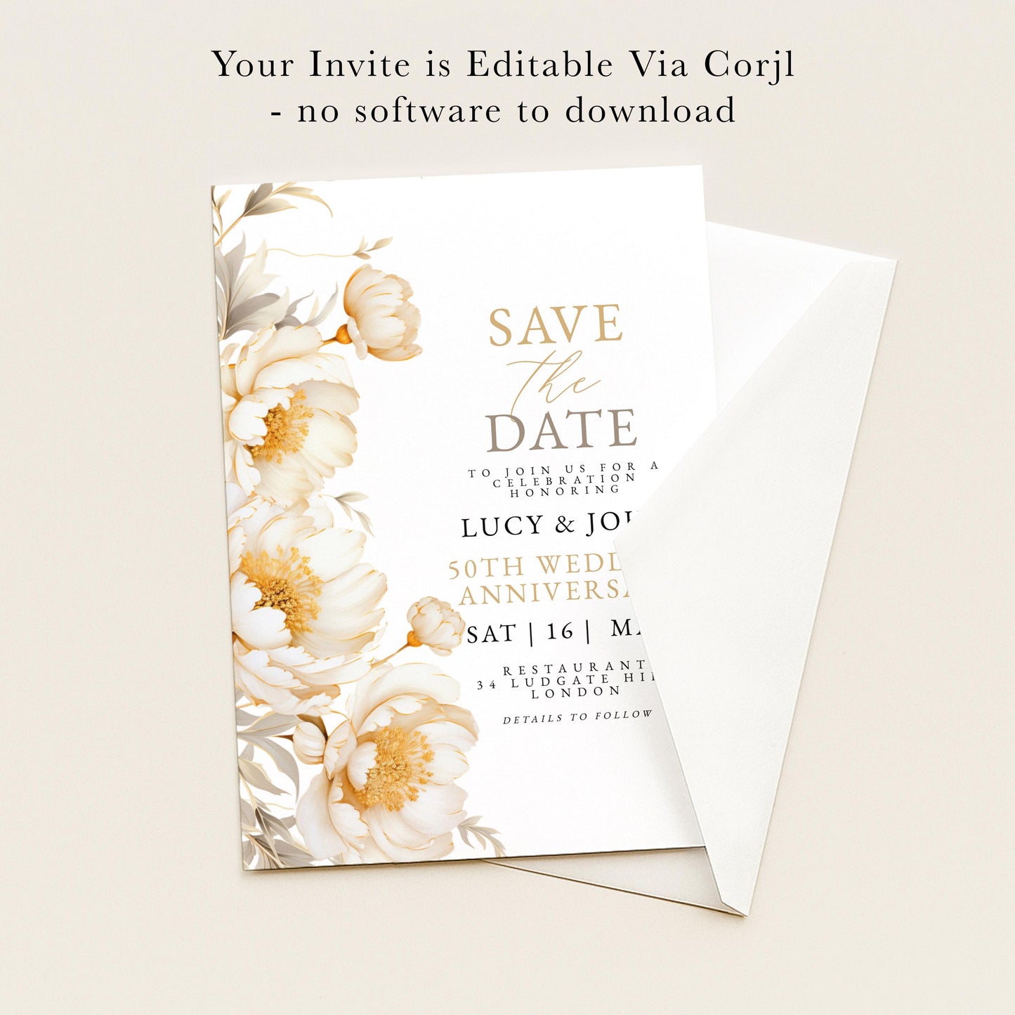 The image is a wedding invitation card with a floral design and text inviting guests to a wedding celebration.