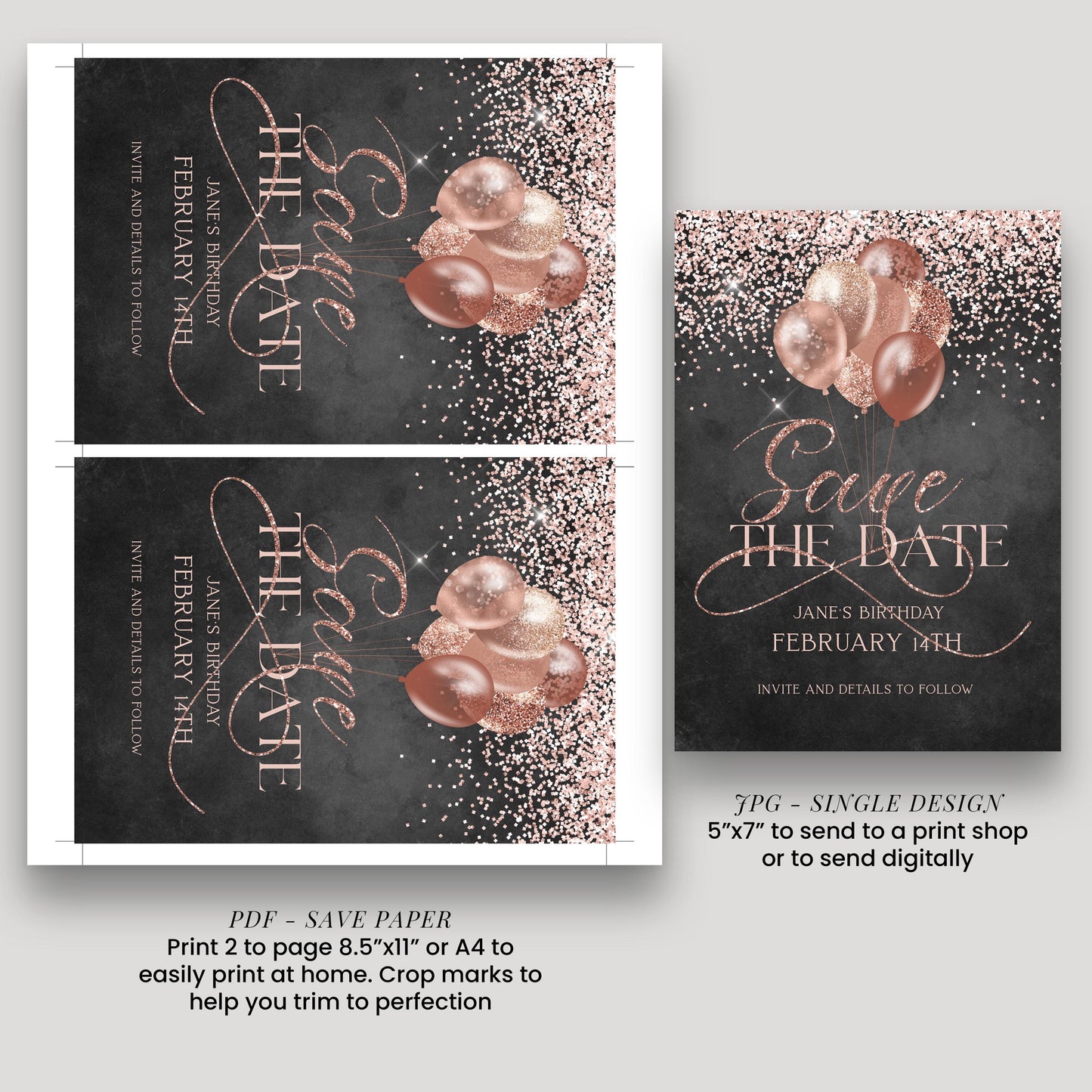 a collection of wedding invitation designs featuring a black background with pink glitter and balloons. The designs include a save the date card and a wedding invitation card.