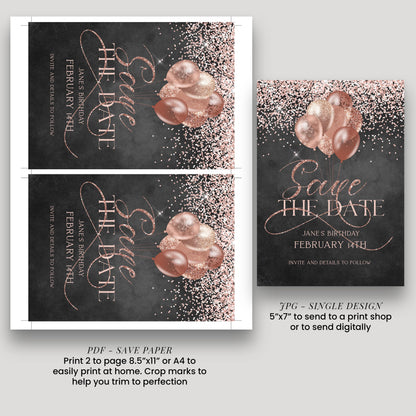 a collection of wedding invitation designs featuring a black background with pink glitter and balloons. The designs include a save the date card and a wedding invitation card.