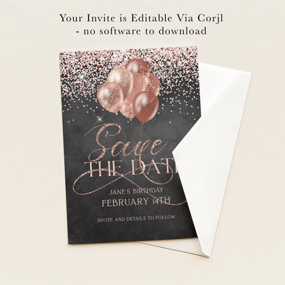 The image is a Save the Date card for Jane's birthday, featuring pink glitter balloons and the text "Save the date" in a decorative font.