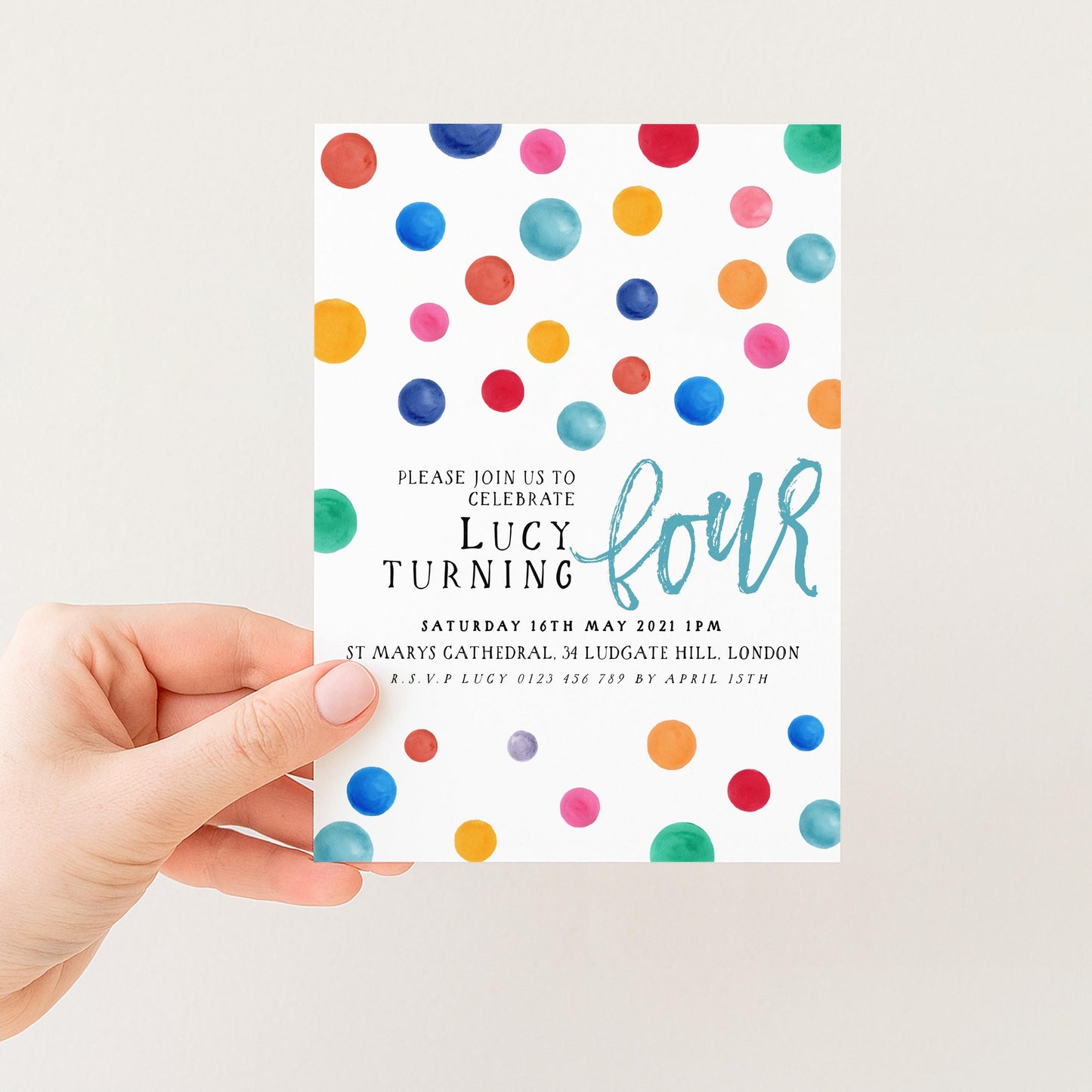 The image is a colorful birthday invitation card for a child's fourth birthday celebration.