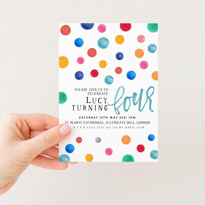The image is a colorful birthday invitation card for a child's fourth birthday celebration.