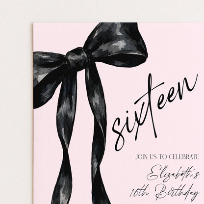 Sweet 16 Birthday Invitation, Pink Bow Birthday Invite, Editable Sixteen Party Invite, Teen Girl Birthday Invitation, Corjl