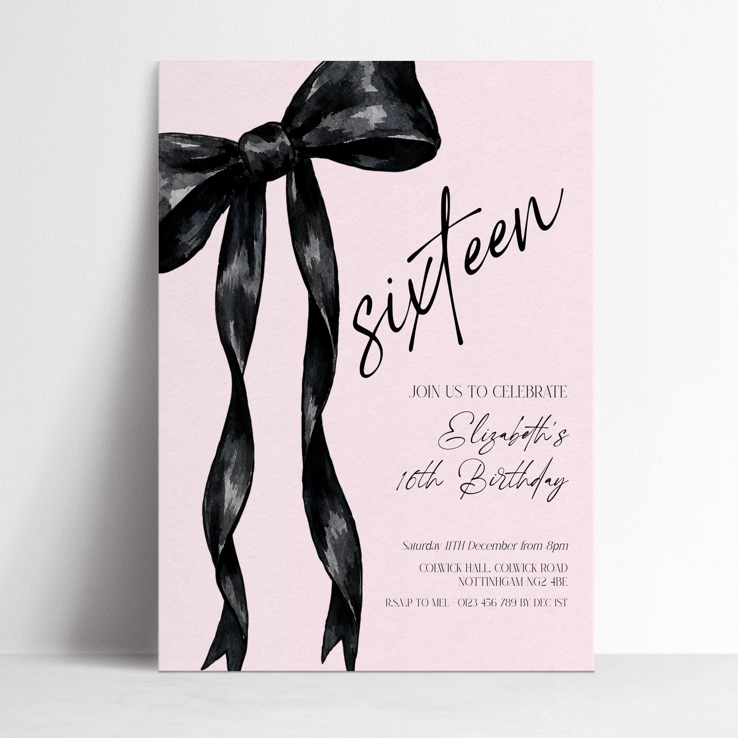Sweet 16 Birthday Invitation, Pink Bow Birthday Invite, Editable Sixteen Party Invite, Teen Girl Birthday Invitation, Corjl