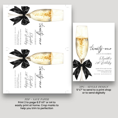 21st Birthday Invitation, Champagne Birthday Invite, Elegant Twenty One Party Invite, Editable Birthday Invitation, Corjl