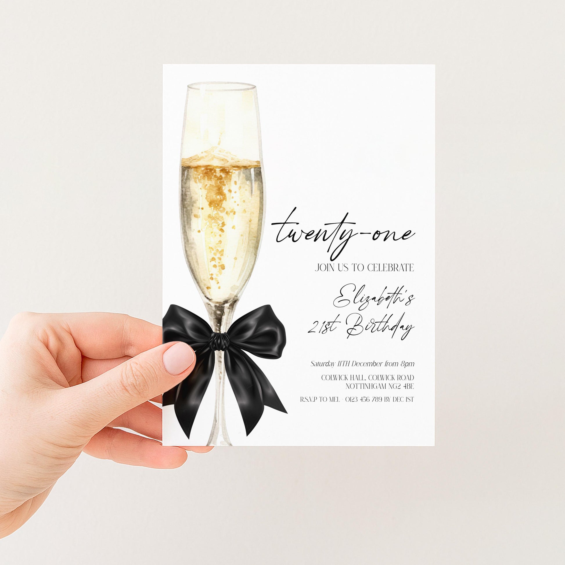 21st Birthday Invitation, Champagne Birthday Invite, Elegant Twenty One Party Invite, Editable Birthday Invitation, Corjl