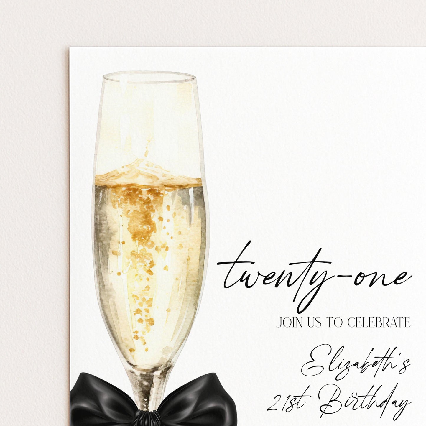 21st Birthday Invitation, Champagne Birthday Invite, Elegant Twenty One Party Invite, Editable Birthday Invitation, Corjl