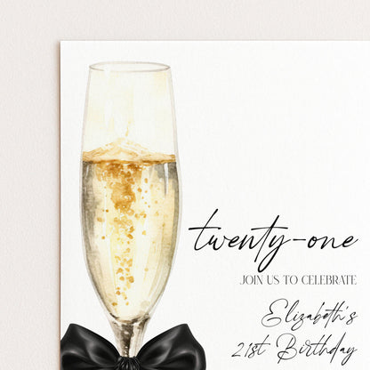 21st Birthday Invitation, Champagne Birthday Invite, Elegant Twenty One Party Invite, Editable Birthday Invitation, Corjl