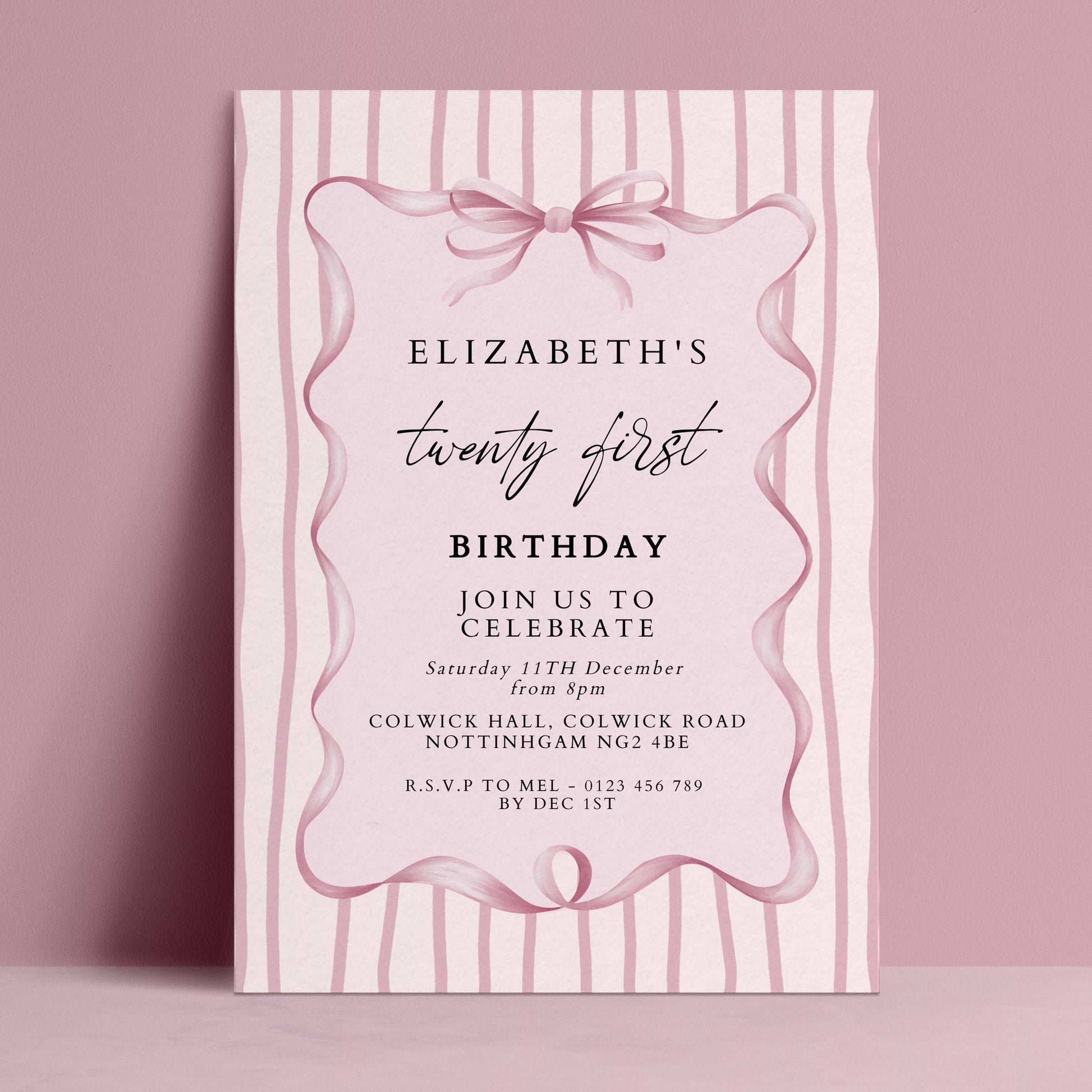 21st Birthday Invitation, Pink Bow Birthday Invite, Elegant Twenty First Party Invitation, Editable Birthday Invite, Corjl