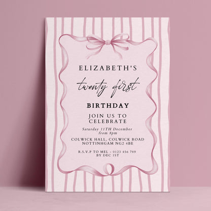 21st Birthday Invitation, Pink Bow Birthday Invite, Elegant Twenty First Party Invitation, Editable Birthday Invite, Corjl