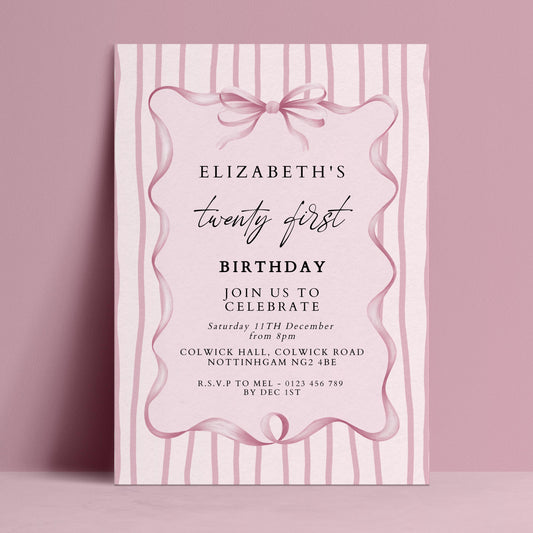 21st Birthday Invitation, Pink Bow Birthday Invite, Elegant Twenty First Party Invitation, Editable Birthday Invite, Corjl
