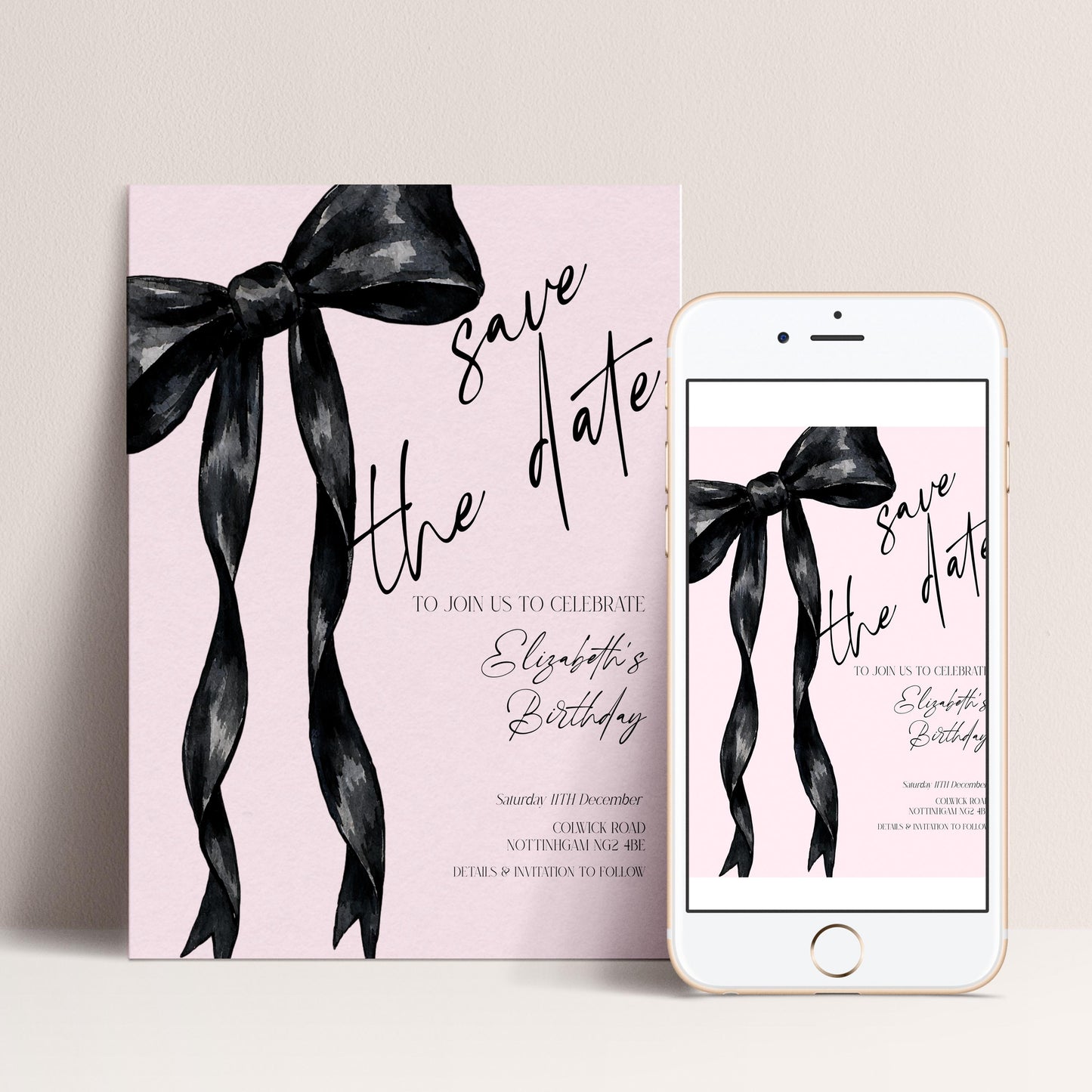 Birthday Save the Date Invitation, Black Bow Birthday Invite, Elegant Birthday Party Save the Date, Corjl