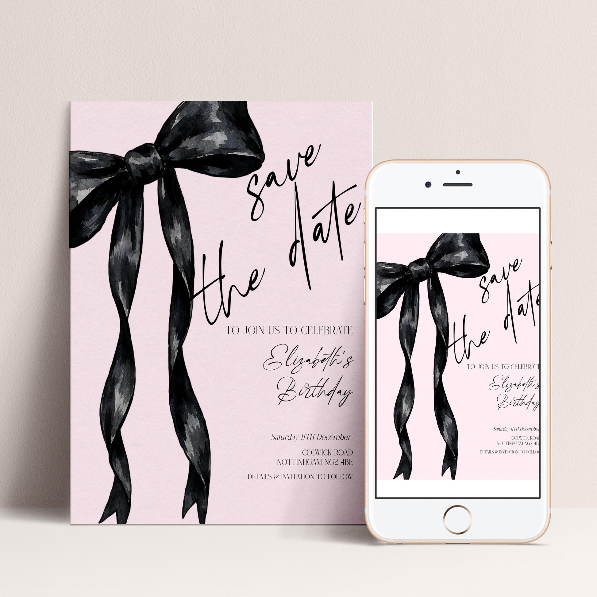 Birthday Save the Date Invitation, Black Bow Birthday Invite, Elegant Birthday Party Save the Date, Corjl