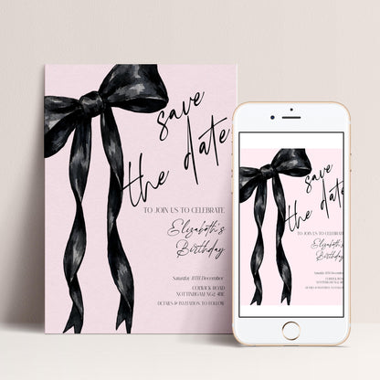 Birthday Save the Date Invitation, Black Bow Birthday Invite, Elegant Birthday Party Save the Date, Corjl