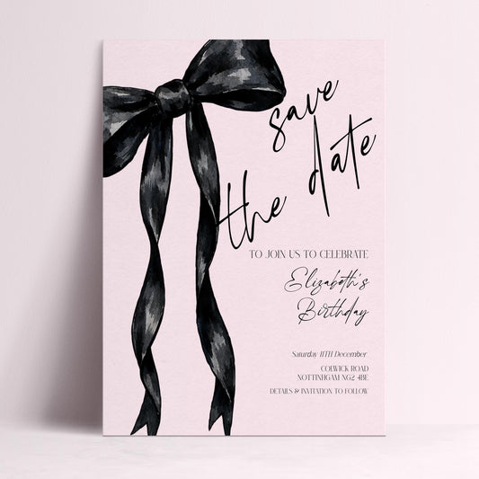 Birthday Save the Date Invitation, Black Bow Birthday Invite, Elegant Birthday Party Save the Date, Corjl