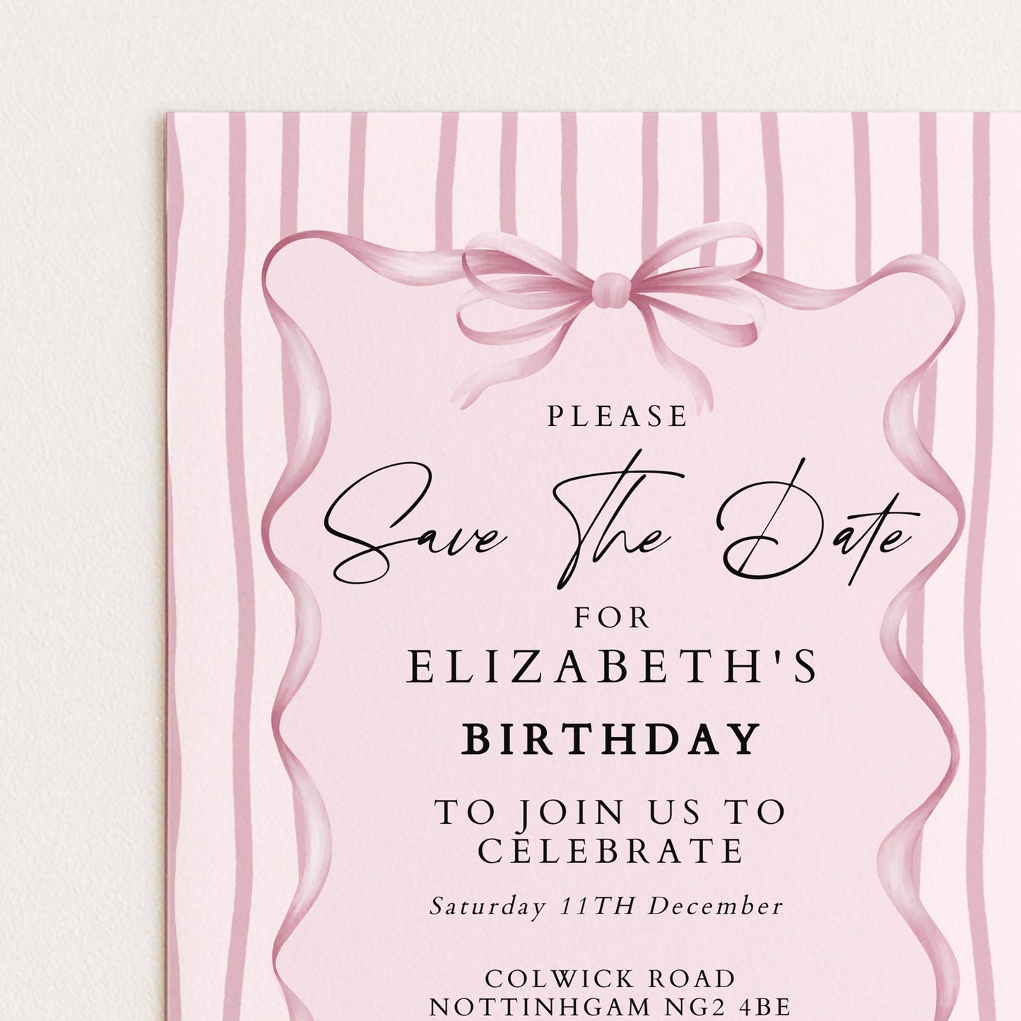 Birthday Save the Date Invitation, Pink Bow Party Invite, Elegant Birthday Save the Date, Editable Corjl Invitation