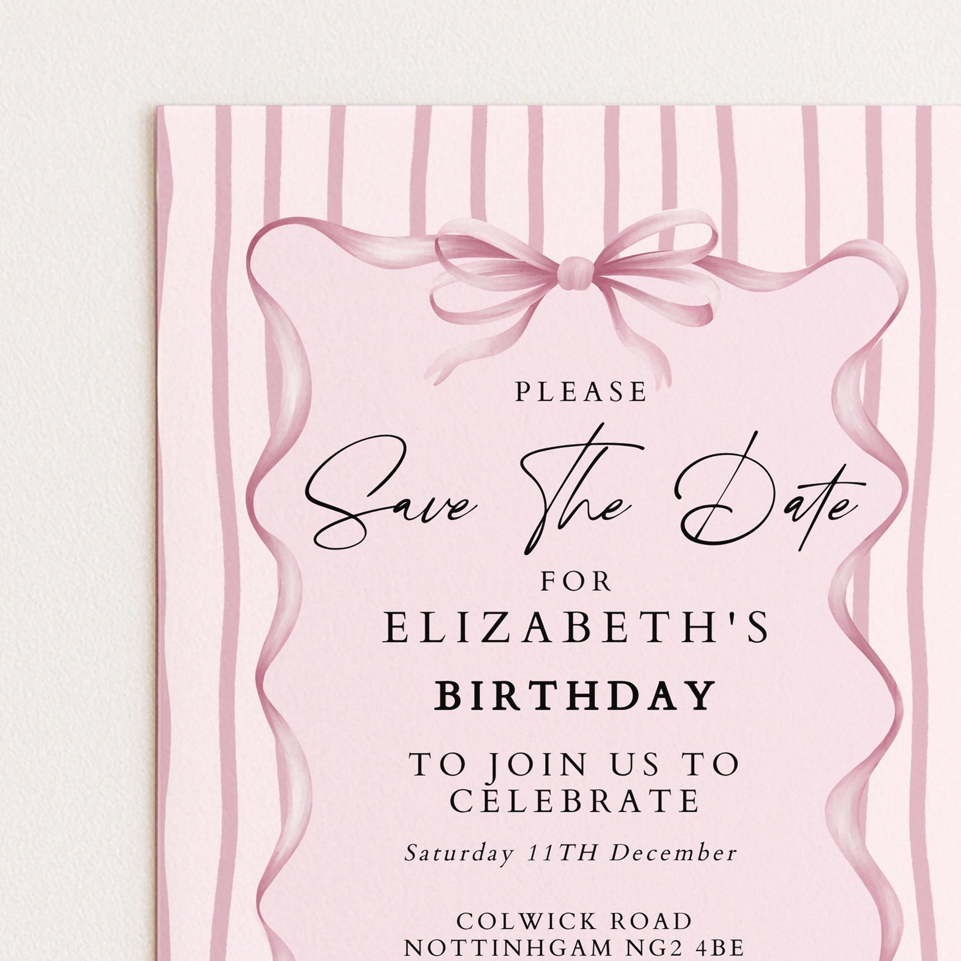 Birthday Save the Date Invitation, Pink Bow Party Invite, Elegant Birthday Save the Date, Editable Corjl Invitation